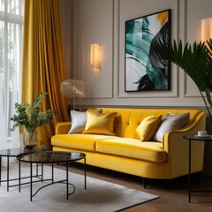 Yellow sofa in luxury art deco style interior design of modern living room with yellow curtains