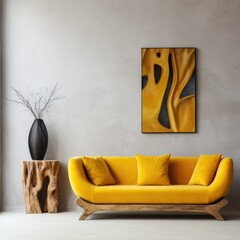 Yellow velvet sofa near stucco wall with wooden abstract sculpture. Rustic interior design of modern living room