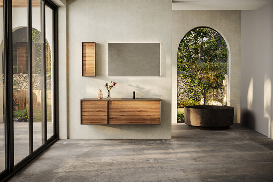 Modern bathroom with marble basin, vanity and round mirror, a round bathtub, and a sleek concrete floor. The natural light, back yard. 3d Rendering