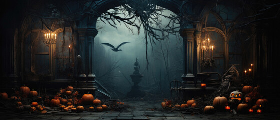 Halloween spooky background, scary pumpkins in old big creepy Happy Haloween ghosts horror house evil haunted castle scene. Creepy dark gothic mysterious night dark backdrop concept. 