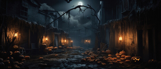 Halloween spooky background, scary pumpkins in old big creepy Happy Haloween ghosts horror house evil haunted castle scene. Creepy dark gothic mysterious night dark backdrop concept. 