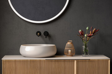 Close up chic bathroom with oval sink, empty countertop, wooden vanity, black-framed mirror, flower and black walls. Ideal for showcasing your products in a stylish and modern setting.