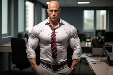 Serious muscular bald office manager looking at the camera posing at his office
