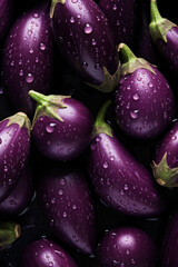 Ripe eggplants in water drops.