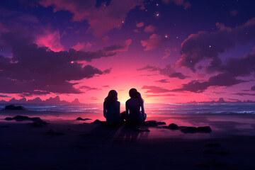 Female couple on the pink sunset