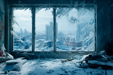Abandoned apartment. Look from winter window