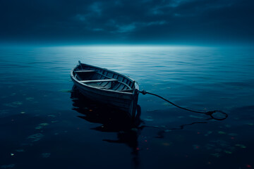 A lonely boat on the dark ocean