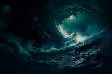 Whirlpools in a black ocean, thunderstorm in the ocean