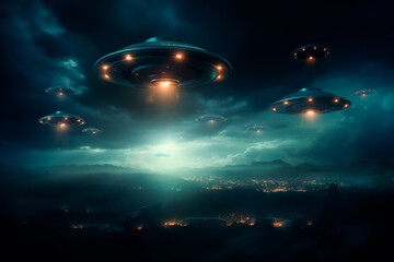 UFO on the night city, grey lights of UFO