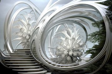 The concept of a modern art nouveau glass house with a natural shape in the forest.