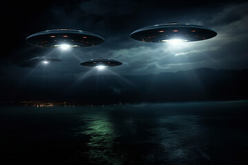 UFO on the night ocean, grey lights of UFO