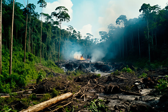 Destruction of the rainforest by smoke pollution, environmental pollution