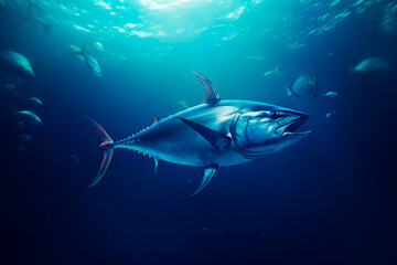 Obraz premium A tuna fish in the centre of a dark ocean