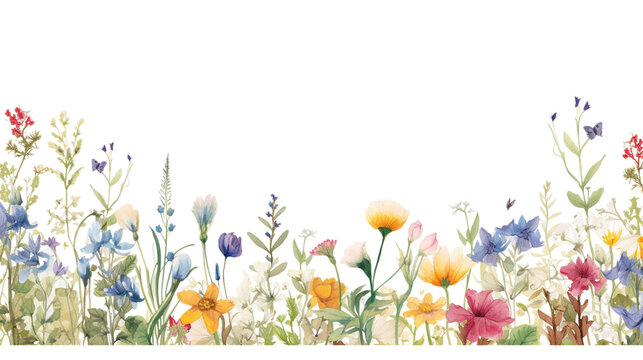 Dainty Wildflowers In Watercolor Style As A Frame Border Isolated On A Transparent Background, Generative Ai 