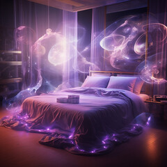 Interior of bedroom against background of starry sky. Space landscape..
