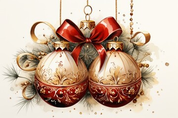 An illustrated watercolor style of Christmas ornaments on a white background. Generative AI. 