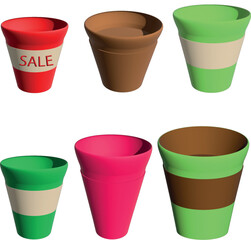 set of colorful plastic empty flowerpots icons on white background with label for text, price.