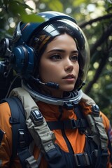 woman astronaut in the night jungle