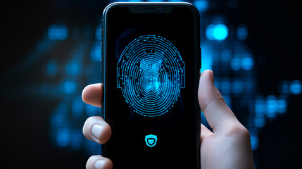 Smartphone digital identity and cybersecurity concept. Wide banner of mobile phone using biometric digital finger print and Two-factor authentication. Generative AI - obrazy, fototapety, plakaty