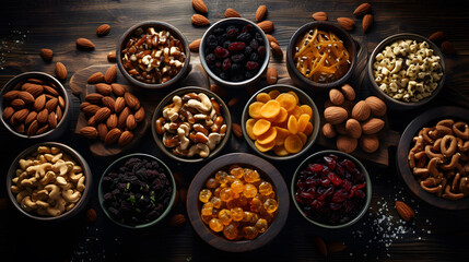 a close up of a table with bowls of nuts and dried fruits Generative AI