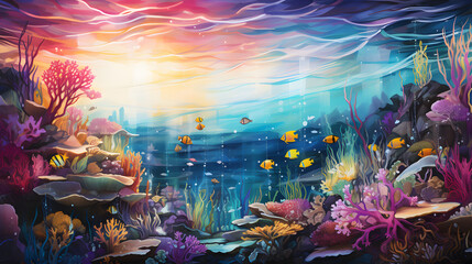 painting of a colorful underwater scene with fish and corals Generative AI