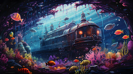 painting of a train in a tunnel with fish and corals Generative AI