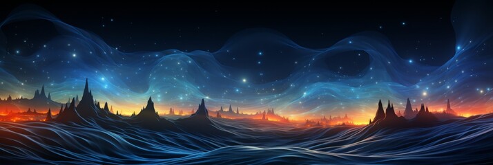 A colorful abstract landscape background with energy waves on a dark background. Generative AI. 
