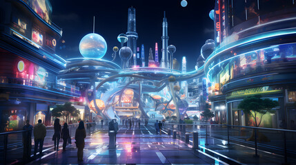 futuristic city with futuristic architecture and people walking around Generative AI - obrazy, fototapety, plakaty