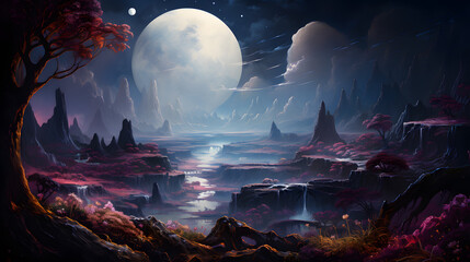painting of a fantasy landscape with a river and a full moon Generative AI