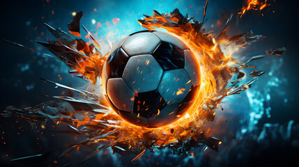 arafed soccer ball with fire and sparks in a dark room Generative AI