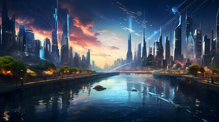 Fototapeta na wymiar futuristic city with a river and a bridge in the middle Generative AI