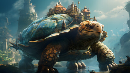 there is a turtle that is walking in the water near a castle Generative AI