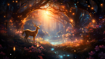 there is a deer standing in a forest with fireflies Generative AI