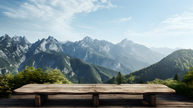 There Is A Wooden Bench On A Wooden Deck Overlooking A Mountain Range Generative AI