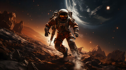 astronaut walking on a rocky surface in front of a planet Generative AI - obrazy, fototapety, plakaty