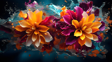 Fototapeta na wymiar brightly colored flowers are splashing in a blue water surface Generative AI