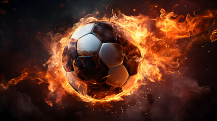 flames surrounding a soccer ball on a black background Generative AI