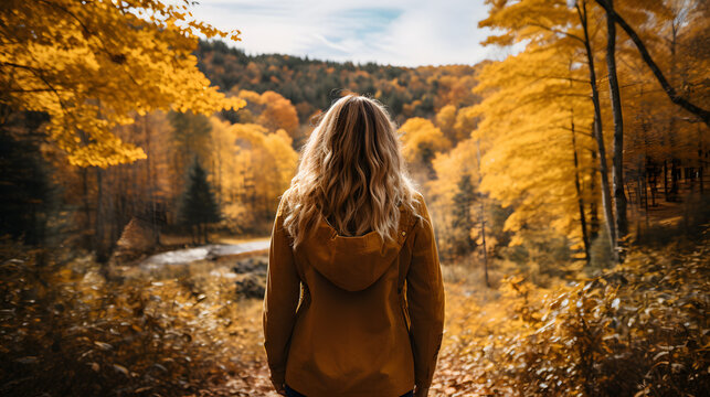 arafed woman in a yellow jacket standing in a forest Generative AI