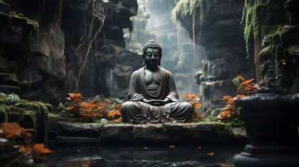 Foto op Plexiglas there is a statue of a buddha sitting on a rock Generative AI © GestureShot