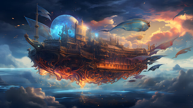 there is a ship that is floating in the sky with a lot of clouds Generative AI