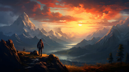 painting of a man standing on a mountain top looking at a valley Generative AI