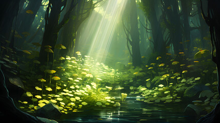 there is a painting of a stream in a forest with sunbeams Generative AI