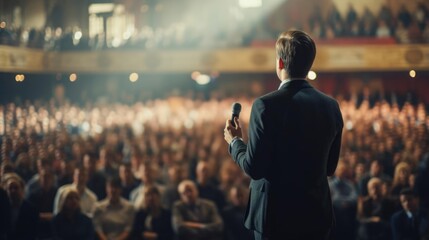 a businessman giving a talk to a large crowd on a stage