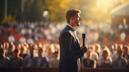 a businessman giving a talk to a large crowd on a stage