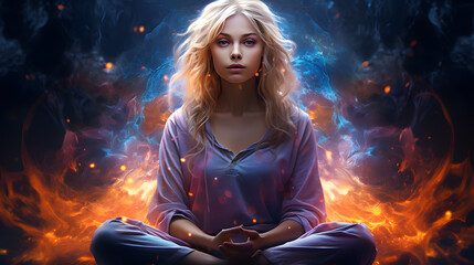 blond woman sitting in lotus pose with fire and smoke in background Generative AI