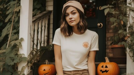 a candid photo of happy woman wearing blank White canvas tshirt with autmnal halloween themes
