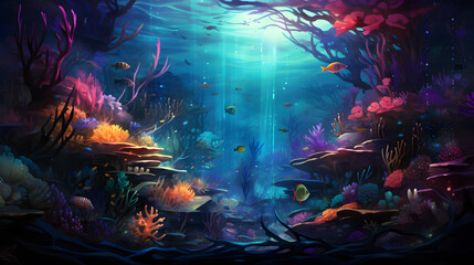 illustration of a colorful underwater scene with corals and fish Generative AI