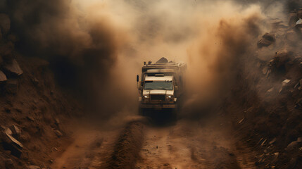 Fototapeta na wymiar araf truck driving through a dusty area with dust coming from the back Generative AI
