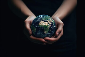 two hands holding the planet earth with a dark studio backdrop