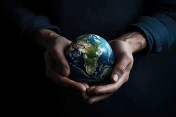 two hands holding the planet earth with a dark studio backdrop